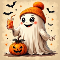 Friendly Halloween Ghost with Pumpkin and Drink