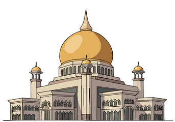 stylized illustration of the Islamic Dome of Sabah in Brunei The golden dome dominates the composition showcasing architectural beauty Perfect for travel culture or religious themes