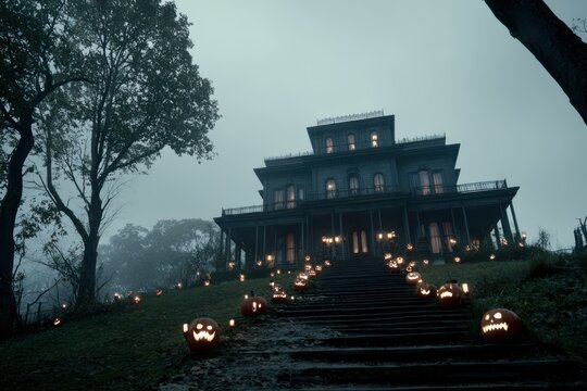 A spooky Victorian mansion on a hill with a display of pumpkins on the steps, creating a haunted Halloween atmosphere.
