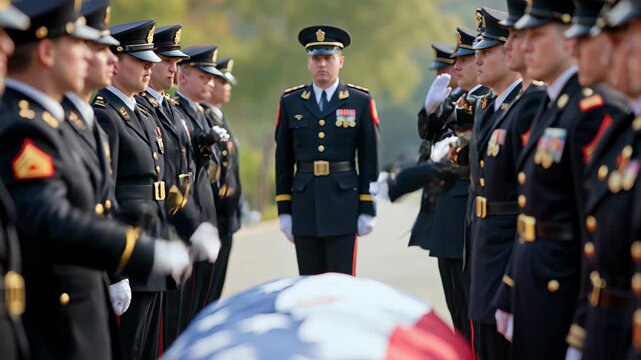 Military honor guard standing at attention during funeral ceremony  