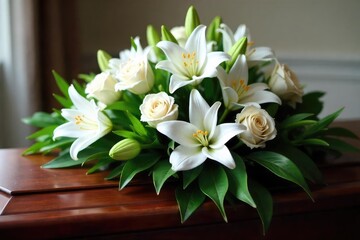 A somber arrangement of white lilies and roses, delicately placed amidst lush greenery, rests on a simple, dark wooden casket Perfect for conveying grief and remembrance , cemetery, sad, elegant