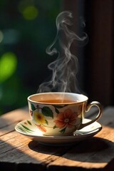Fototapeta premium A steaming cup of tea on a rustic wooden table, steam rising gently, suggesting warmth and relaxation Perfect for concepts of comfort, tranquility, and escape , mindfulness, relaxing atmosphere