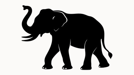 Obraz premium Silhouette of an elephant walking with its trunk raised and tusks visible against a white background created with generative ai