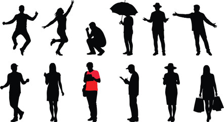 People silhouette set, diverse human poses and accessories, black vector illustration, urban lifestyle clipart, gesture variety, highlighted figure icon