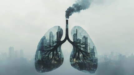 Dark double exposure of human lungs filled with urban skyscrapers and emitting smoke, emphasizing the deadly effects of air pollution, industrial emissions, and the urgency of environmental reform