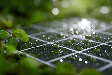 Solar panel surrounded by lush greenery with water droplets Generative AI