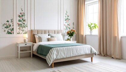 Elegant Bedroom Interior Design with Natural Light and Floral Accents.
