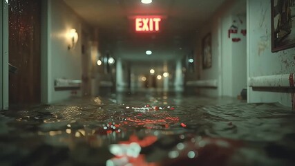 Dark flooded hospital corridor with ankle deep water reflecting red exit sign and bloody stains - Powered by Adobe