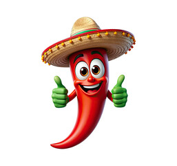 Red chili pepper cartoon character wearing a sombrero hat and giving two thumbs up isolated on a transparent background png