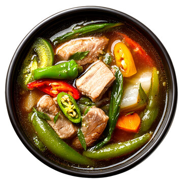 Delicious filipino sinigang na baboy pork soup with vegetables isolated on transparent background