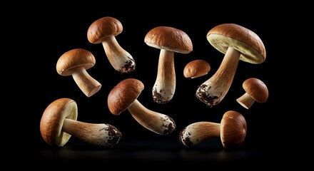 Fresh brown mushrooms against black.