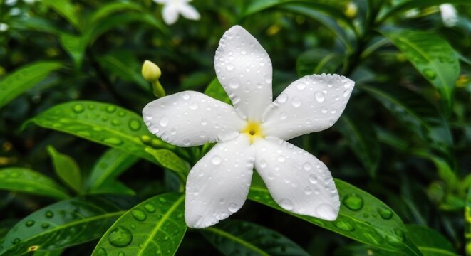 Delicate white star shaped flower covered in morning dew drops