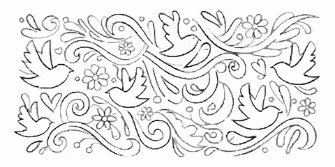 Hand Drawn Birds and Floral Swirls Decorative Banner in Gray Tones vector illustration
