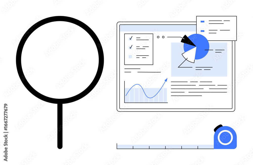 Poster magnifying glass beside graphs, pie chart, and displayed data analysis on a screen with a measuring 