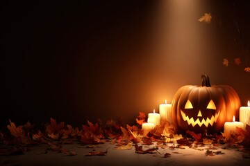 A festive Halloween decoration featuring a carved pumpkin illuminated by candles and surrounded by autumn leaves, set against a dark background.