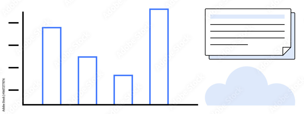 Poster bar graph showcasing data trends, document stack symbolizing analytics, and cloud representing onlin