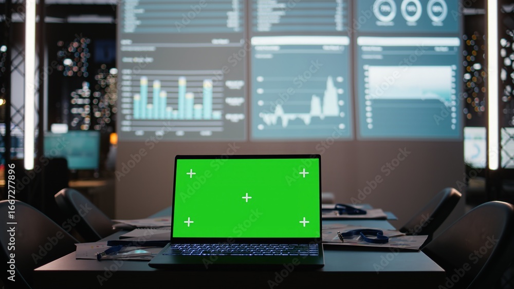 Poster after hours office space with mockup laptop and a glowing analytics display, multinational company s
