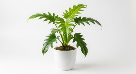 Lush green philodendron selloum plant in a simple white pot against a white background