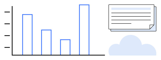 Bar graph showcasing data trends, document stack symbolizing analytics, and cloud representing online storage. Ideal for analytics, business growth, cloud services, data management, reporting