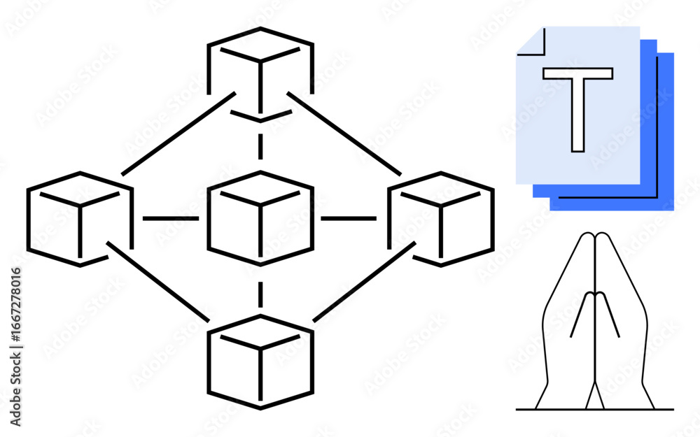 Aufkleber five interconnected cubes represent a blockchain network, accompanied by stacked text documents and 