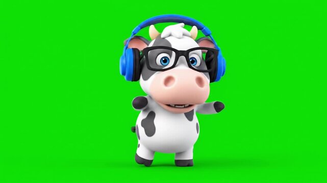 Adorable cartoon cow dancing with headphones in a vibrant green background