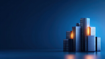 A futuristic skyline of sleek, illuminated buildings against a deep blue background, showcasing modern architecture and design.
