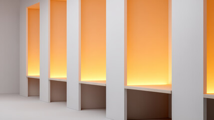 A minimalist interior featuring white walls and glowing orange backlit alcoves with wooden shelves, creating a warm and modern ambiance.