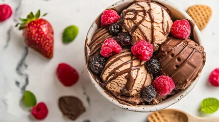 Chocolate ice cream bowl with strawberries dessert sweet food photography concept