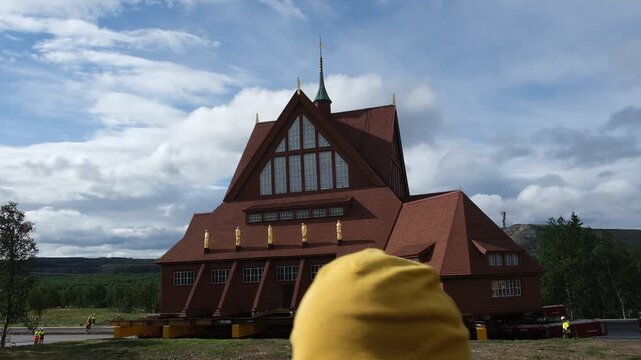Kiruna, Sweden &ndash; August 19, 2023: The historic wooden Kiruna Church is being relocated to a new site as part of the urban transformation project. The church, originally built in 1912	