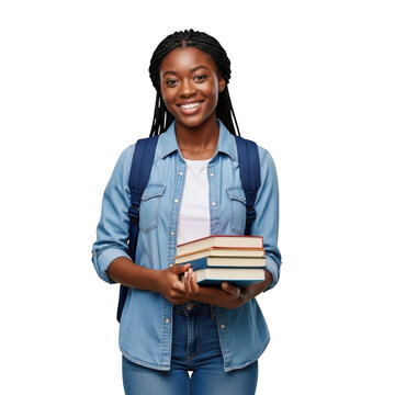 Smiling black student woman with backpack holding books ready for college or university studies