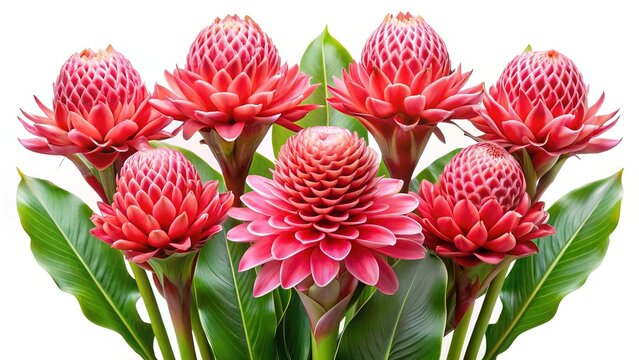 Arrangement of Beautiful Red Torch Ginger Flowers with Lush Green Leaves