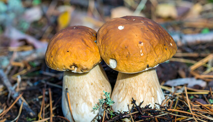 Fototapeta premium Pair of brown mushrooms growing in forest natural environment