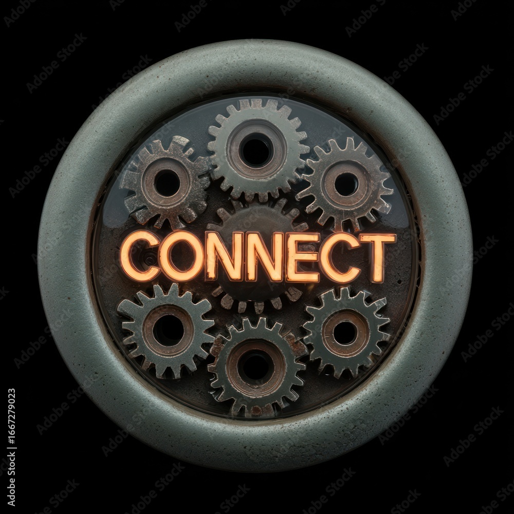 Poster circular steampunk button with gears and the word 