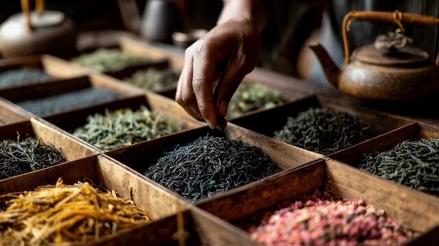 Close up of a tea merchant's hand selecting dried black tea leaves from a wooden display box filled with various teas, with a traditional teapot in the background