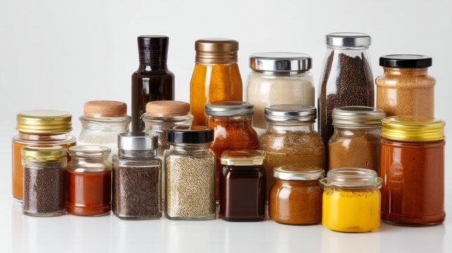 Glass jars with sauces condiments rustic table cooking ingredient concept