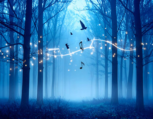 Mystical forest with floating musical notes in a dreamy blue ambiance