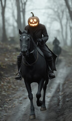 Fototapeta premium A mysterious glowing pumpkin headed figure rides a majestic black horse along a damp forest path during a foggy autumn twilight, creating eerie spooky Halloween atmosphere perfect for holiday events.