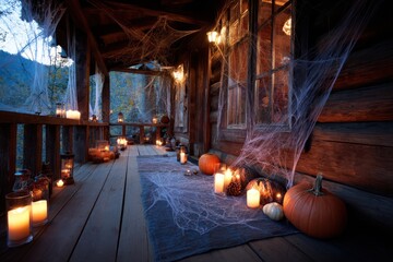 A cozy wooden porch decorated with a bunch of pumpkins and candles, creating a warm and inviting autumn atmosphere.