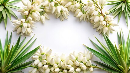 Elegant white yucca flowers and green leaves frame on a clean background