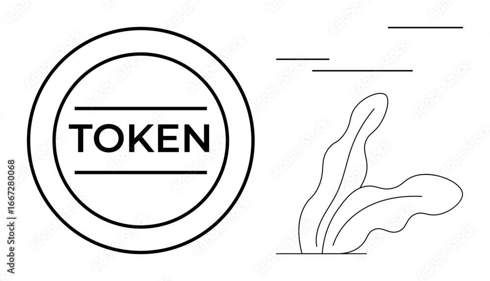 Poster circular token with bold text surrounded by minimal abstract plant and lines. ideal for blockchain, 