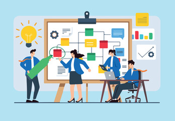 Flat illustration of team strategizing solutions with flowchart on whiteboard