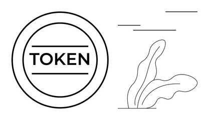 Circular token with bold text surrounded by minimal abstract plant and lines. Ideal for blockchain, cryptocurrency, tokenization, financial system, digital economy, eco-friendly design, seamless flat