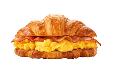 Croissant breakfast sandwich with scrambled eggs and bacon isolated on transparent background