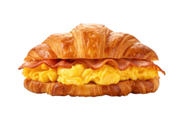 Croissant breakfast sandwich with scrambled eggs and bacon isolated on transparent background