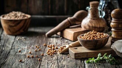 Fototapeta premium Rustic table bowls spices herbs natural cooking organic food concept