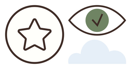 Star in circle, eye with checkmark, and cloud evoke themes of quality, vision, connection, and reliability. Ideal for success, approval, trust future aspiration teamwork digital transformation