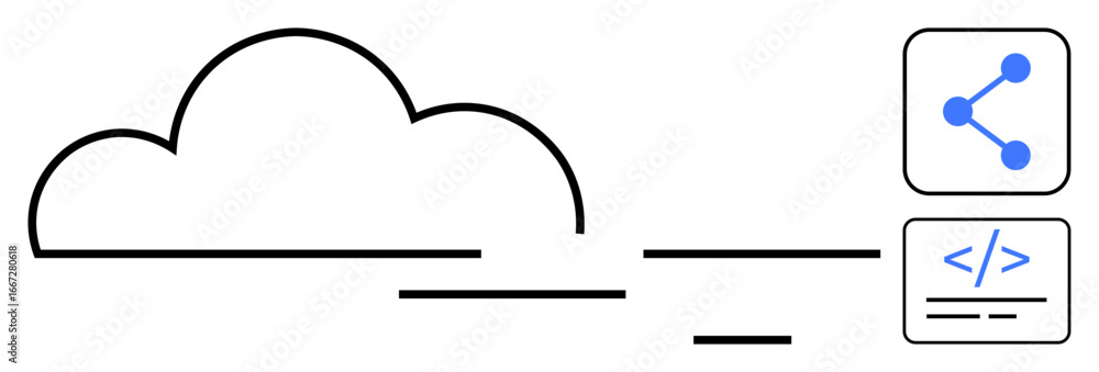Poster simplified cloud beside sharing nodes and coding tag. ideal for cloud technology, collaboration, dat