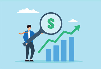 Flat illustration businessman examine dollar sign with magnifying glass analyzing revenue growth chart