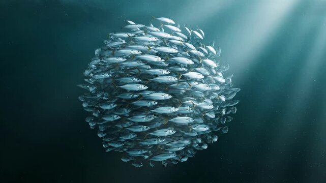 Dynamic school of fish synchronized swimming under ocean rays