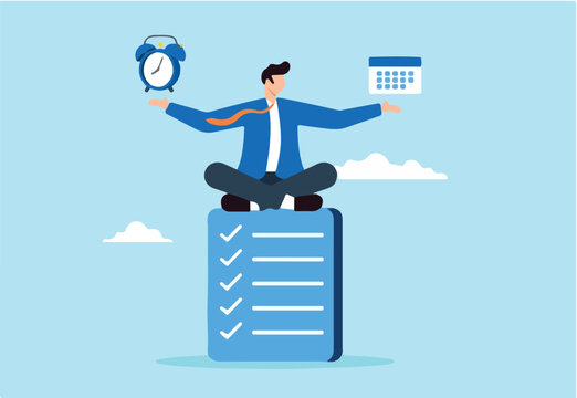 Flat illustration businessman meditate while balancing clock and calendar on completed task paper symbolizing self discipline